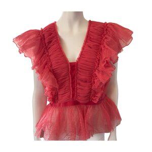 Anthropologie Geisha Designs Pink Tulle Coquette Blouse With Velvet Trim